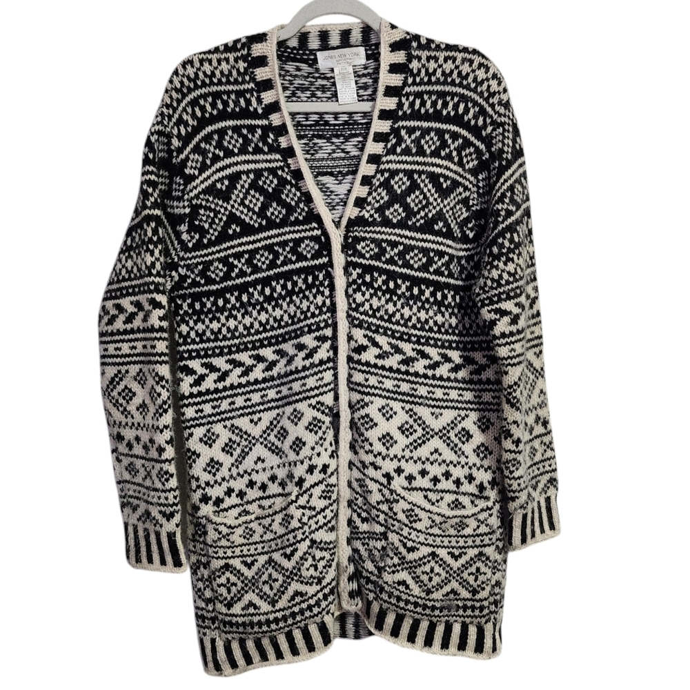 JONES NEW YORK x VINTAGE wool blend shacket over coat fair isle black cream P